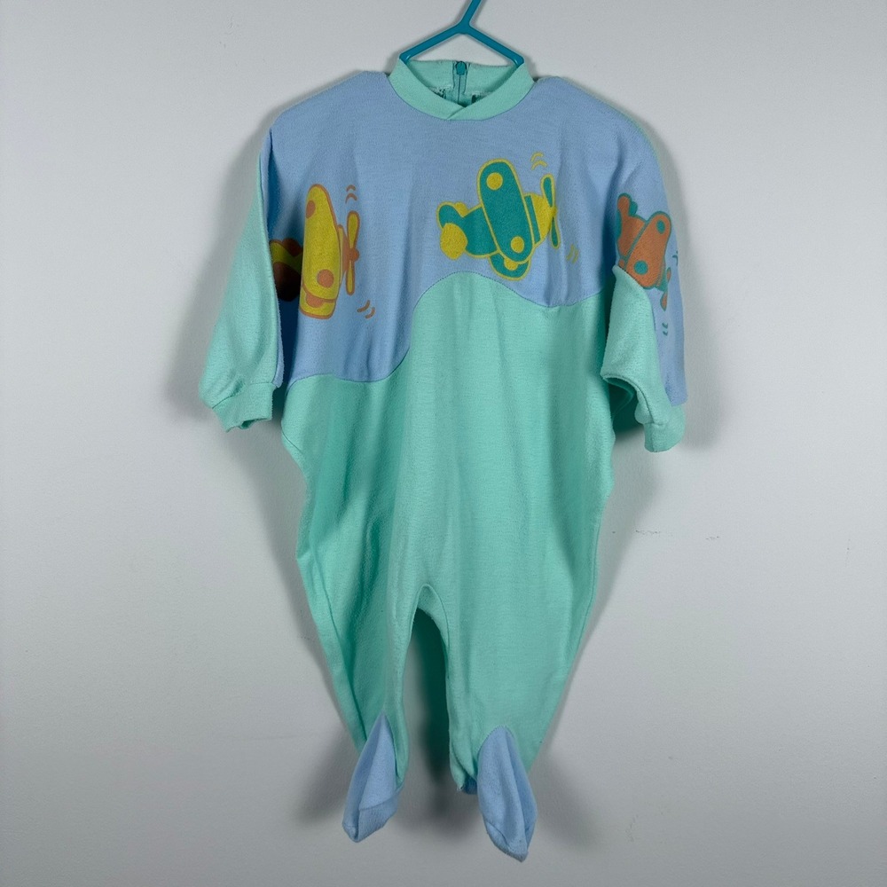 ✨3 for $15 ✨VTG Kids Airplane Colorblock Footed Sleeper Mint Blue Fleece Pajamas